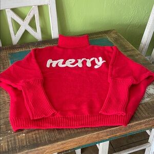 Festive Red Turtleneck Sweater with 'Merry' Design
